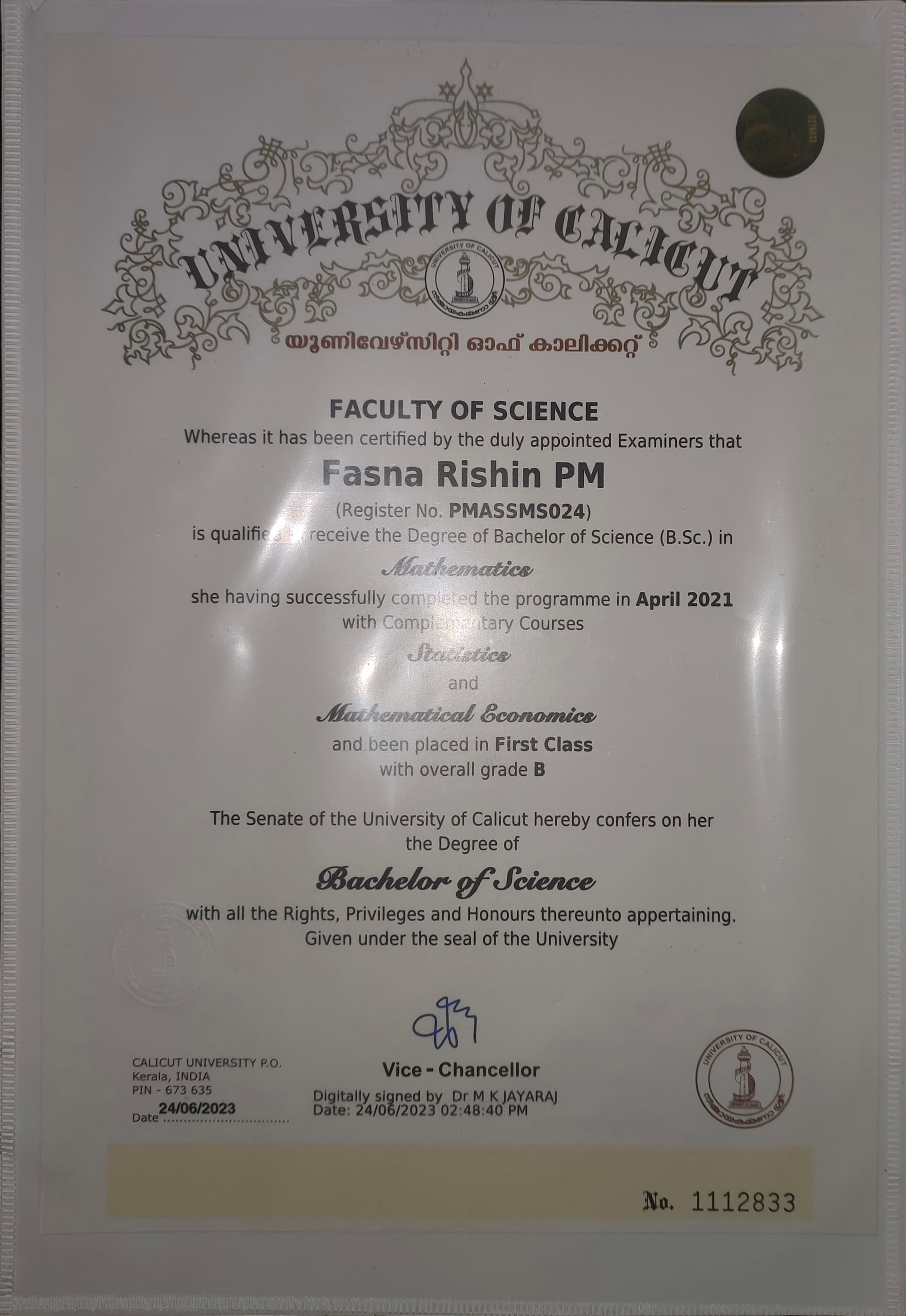 Fasna  graduated from Calicut University 