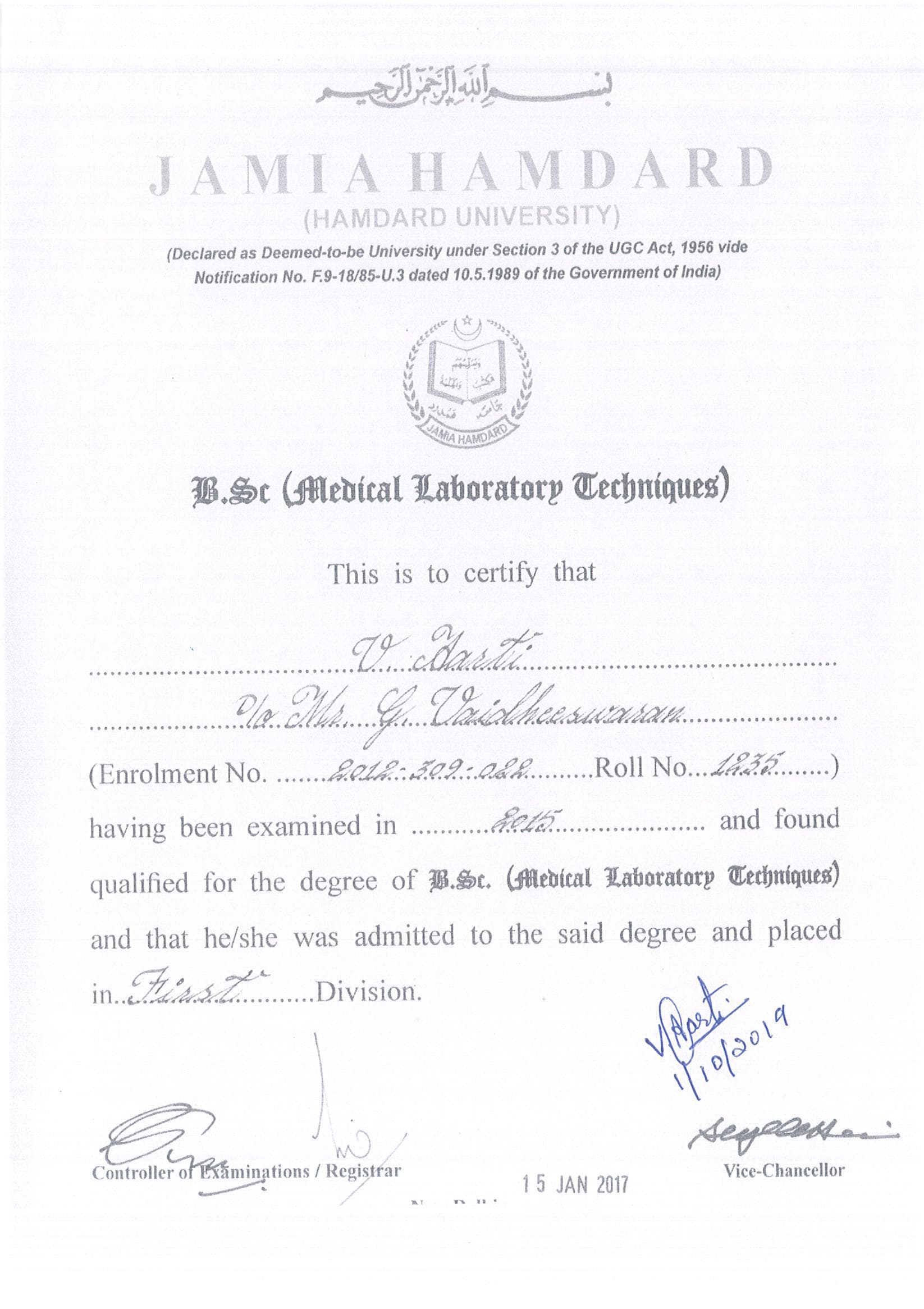 V AARTI graduated from Jamia Hamdard