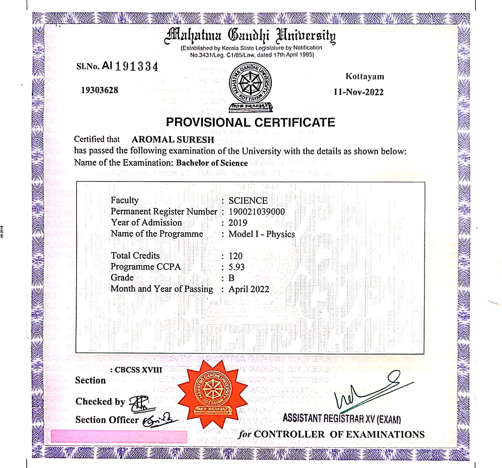 Aromal  graduated from Mg university