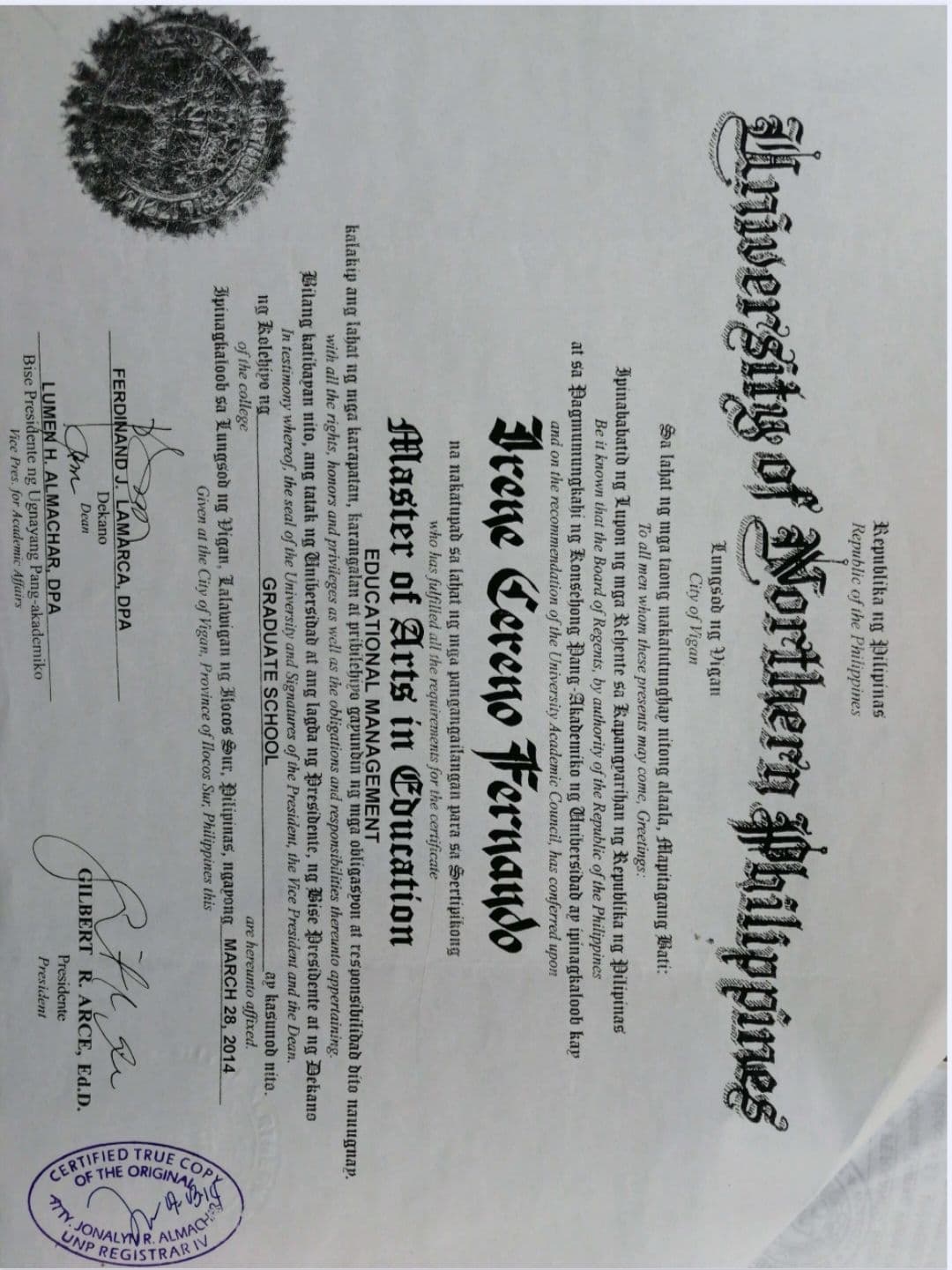 Irene graduated from University of Northern Philippines 