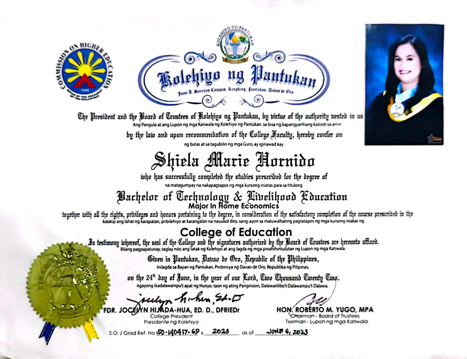 Shiela Marie graduated from Kolehiyo ng Pantukan