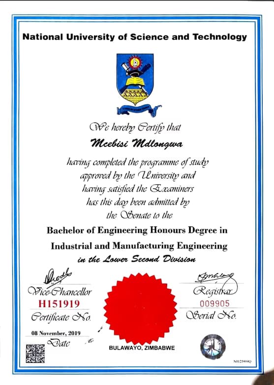 Verified degree or teaching certification of Mcebisi 
