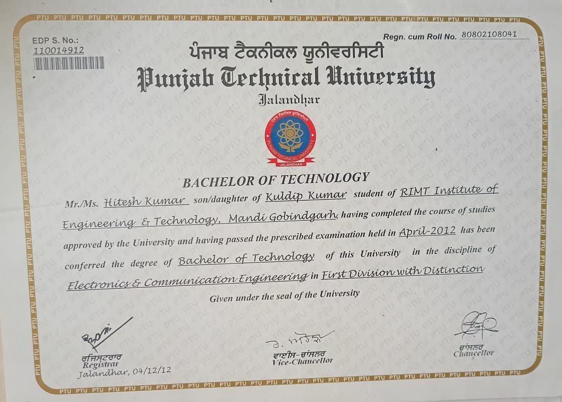 Verified degree or teaching certification of Hitesh