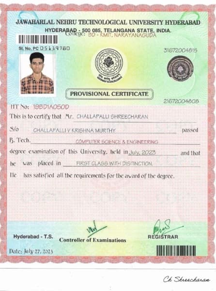 Verified degree or teaching certification of Shreecharan  