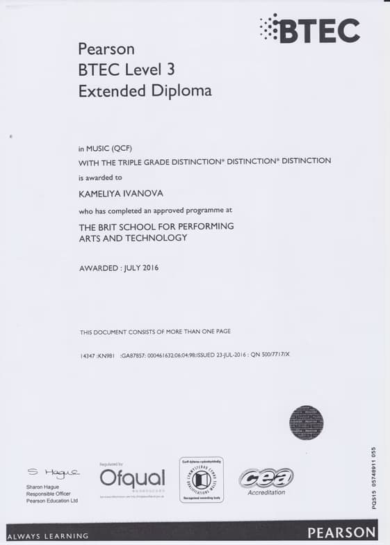 Verified degree or teaching certification of Kameliya 