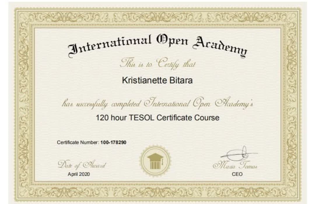Verified degree or teaching certification of Kristianette 