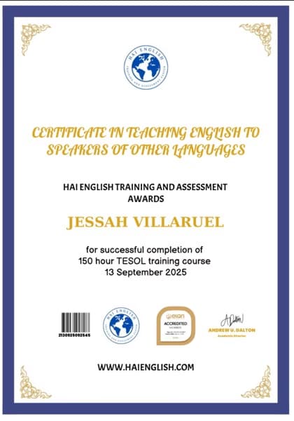 Verified degree or teaching certification of Jessah 