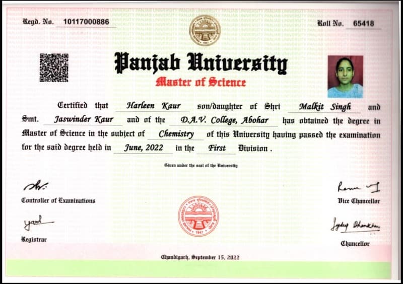 Verified degree or teaching certification of Harleen  