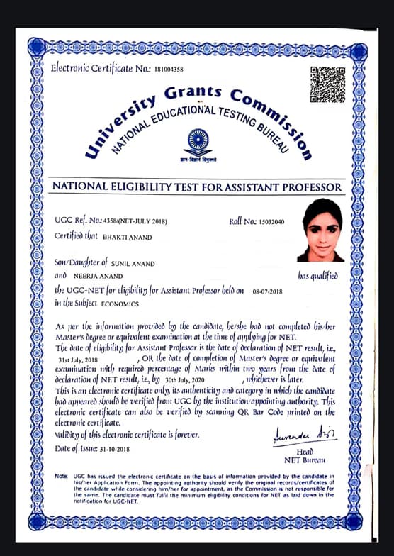 Verified degree or teaching certification of Bhakti 
