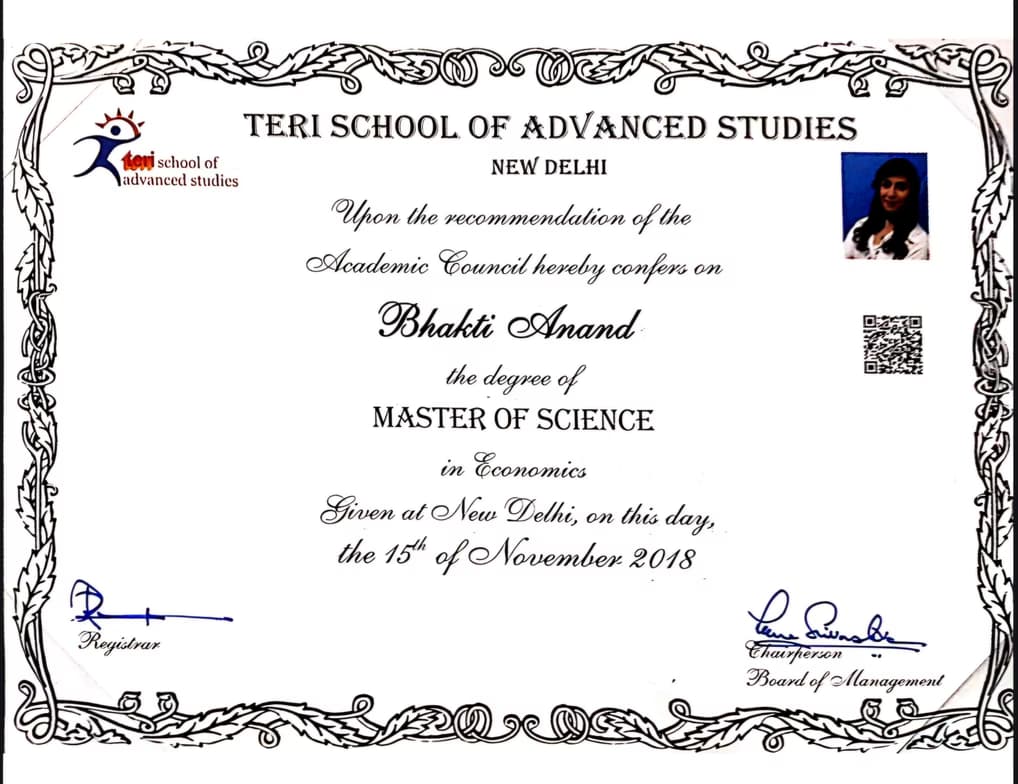 Verified degree or teaching certification of Bhakti 