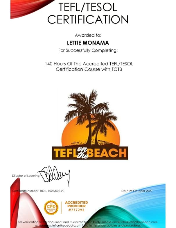 Verified degree or teaching certification of Lettie 