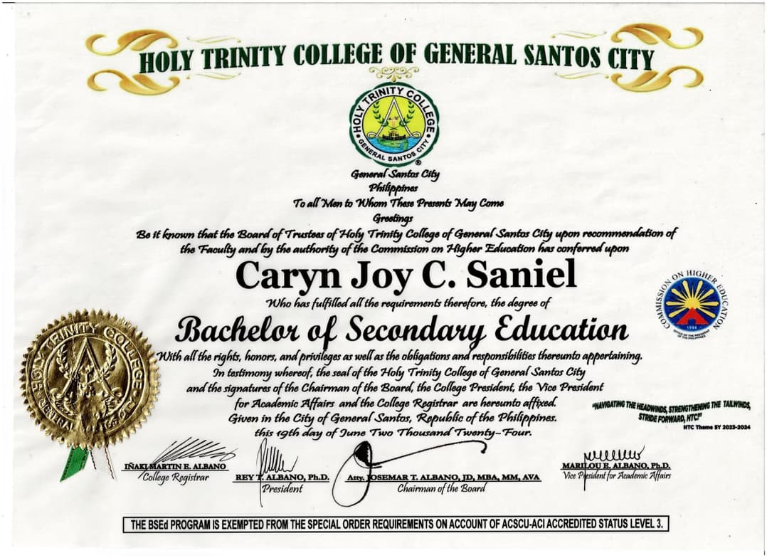 Verified degree or teaching certification of Caryn Joy 