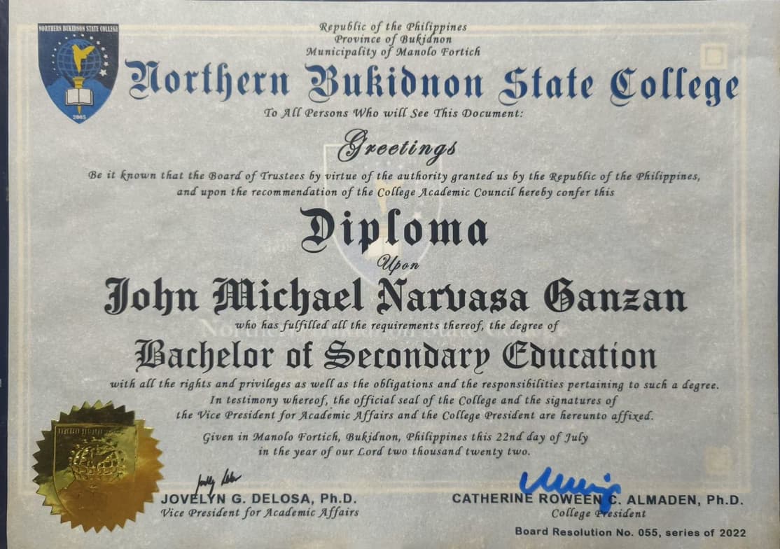 Verified degree or teaching certification of John Michael