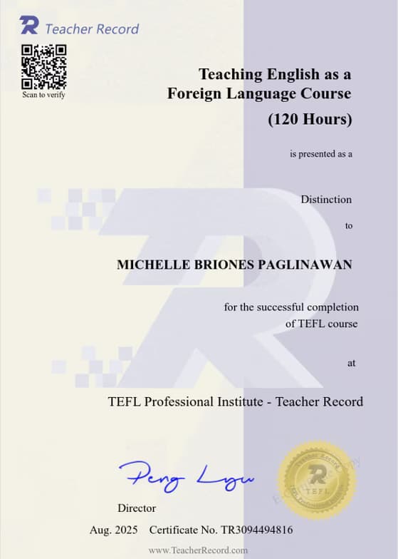 Verified degree or teaching certification of Michelle  