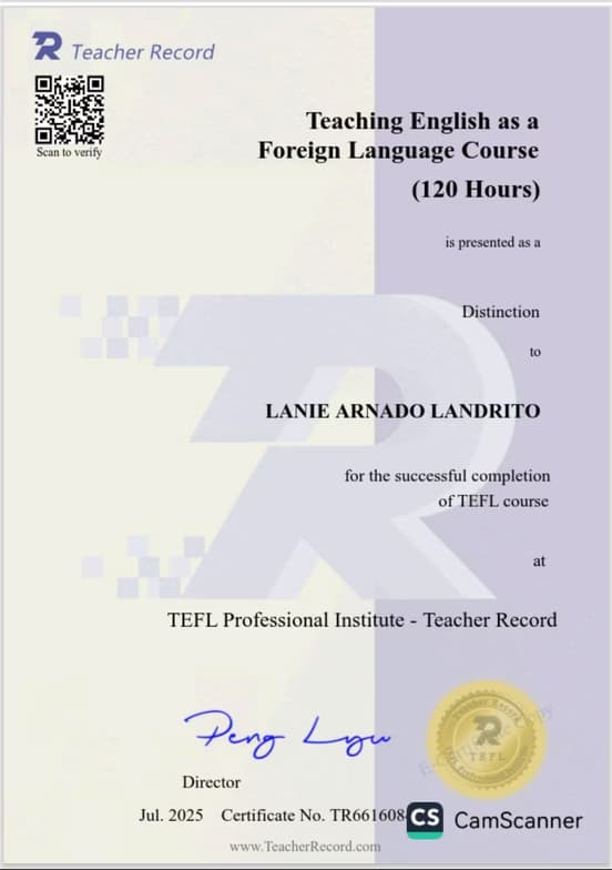 Verified degree or teaching certification of Lanie 
