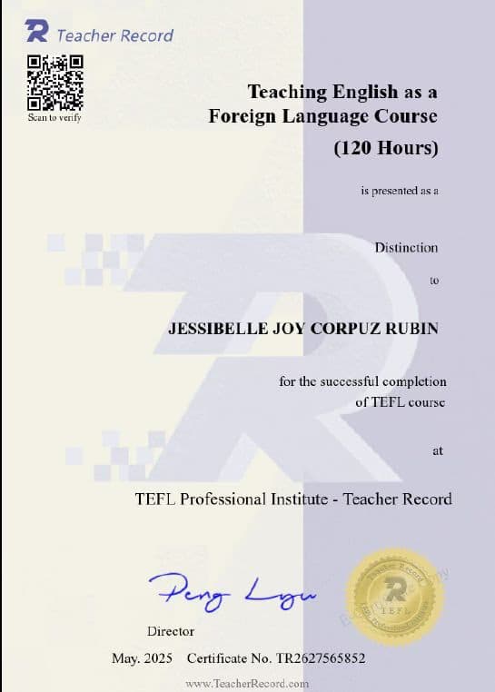 Verified degree or teaching certification of Jessibelle Joy  