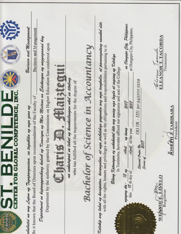 Verified degree or teaching certification of Charis 