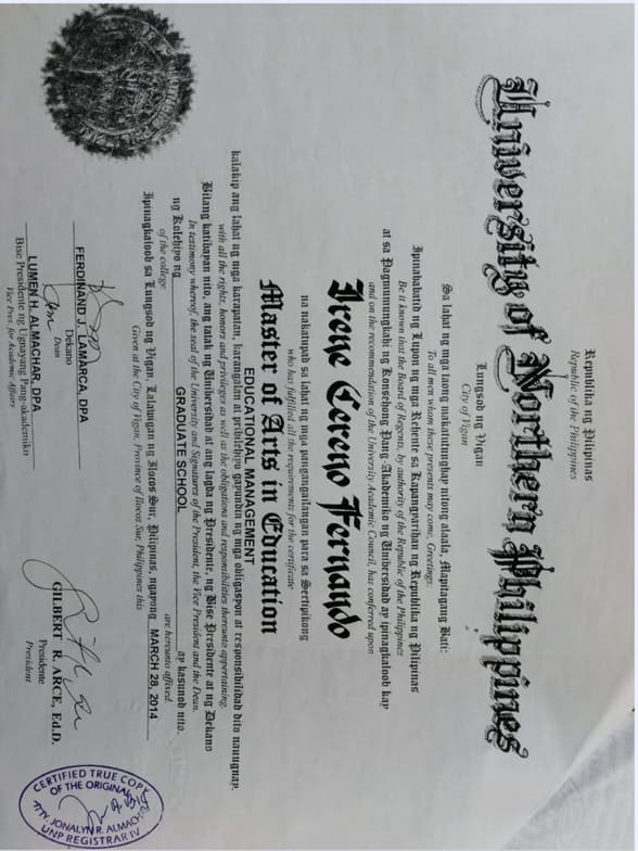 Verified degree or teaching certification of Irene 
