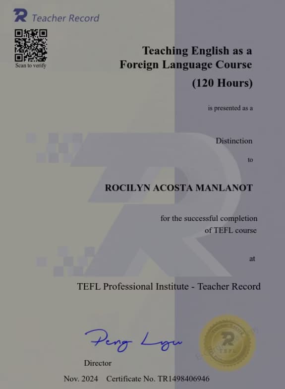 Verified degree or teaching certification of Rocilyn  