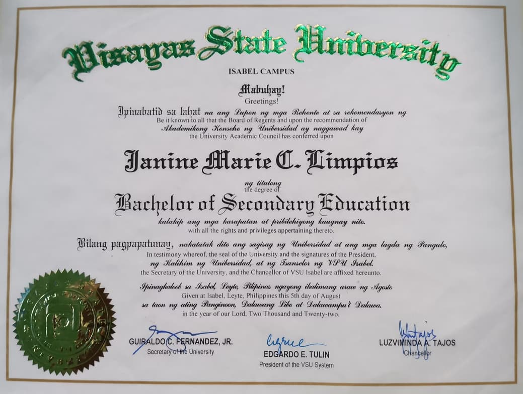 Verified degree or teaching certification of Janine Marie