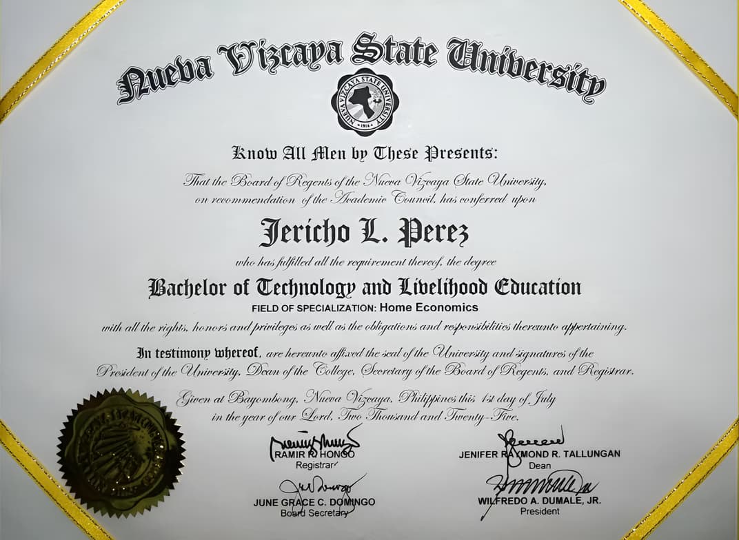 Verified degree or teaching certification of JERICHO 