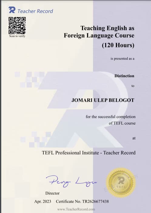 Verified degree or teaching certification of Jomari 