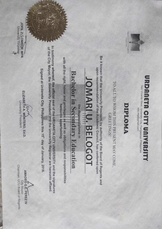 Verified degree or teaching certification of Jomari 