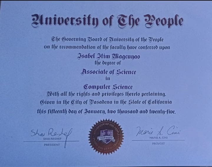 Verified degree or teaching certification of Isabel  