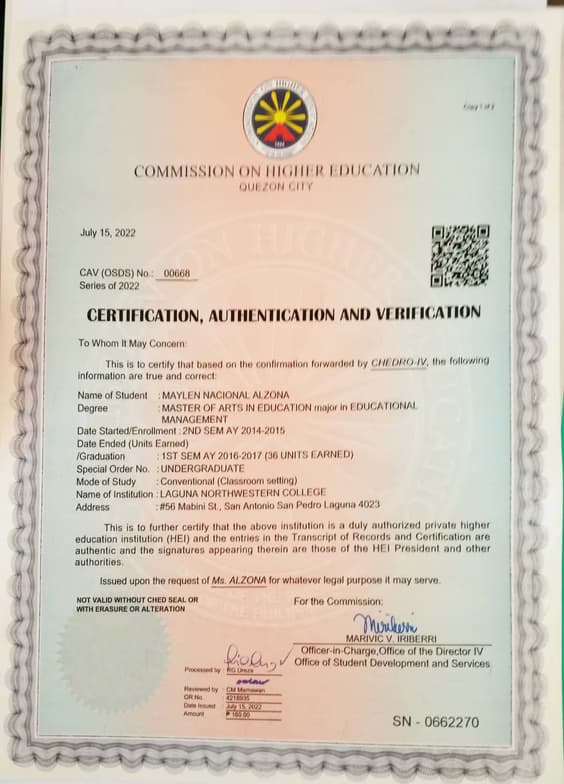 Verified degree or teaching certification of Maylen