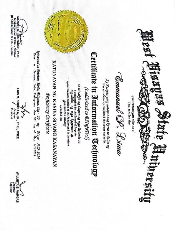 Verified degree or teaching certification of Emmanuel