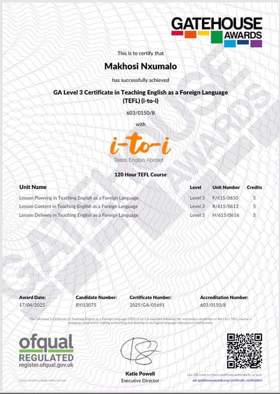 Verified degree or teaching certification of Makhosi 