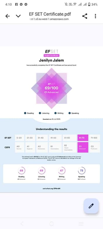Verified degree or teaching certification of Jenilyn  