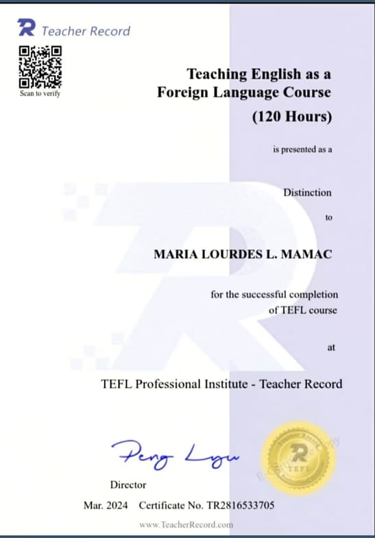 Verified degree or teaching certification of Maria Lourdes 