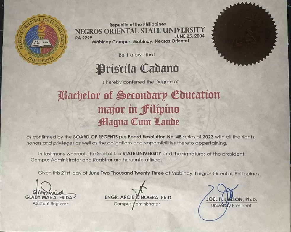 Verified degree or teaching certification of Priscila  