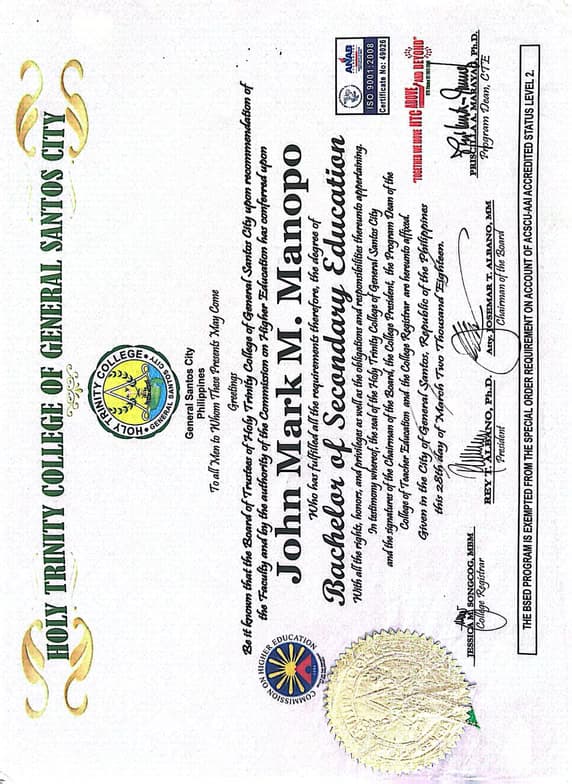 Verified degree or teaching certification of John Mark 
