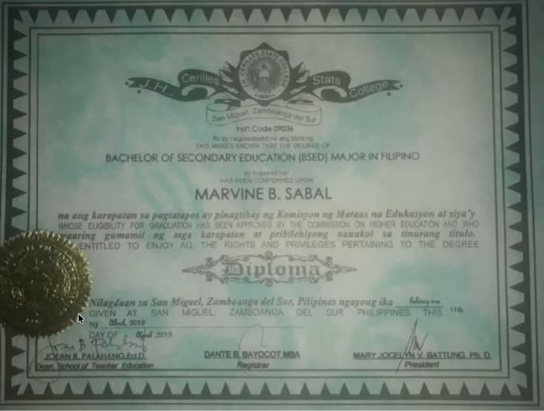 Verified degree or teaching certification of Marvine 