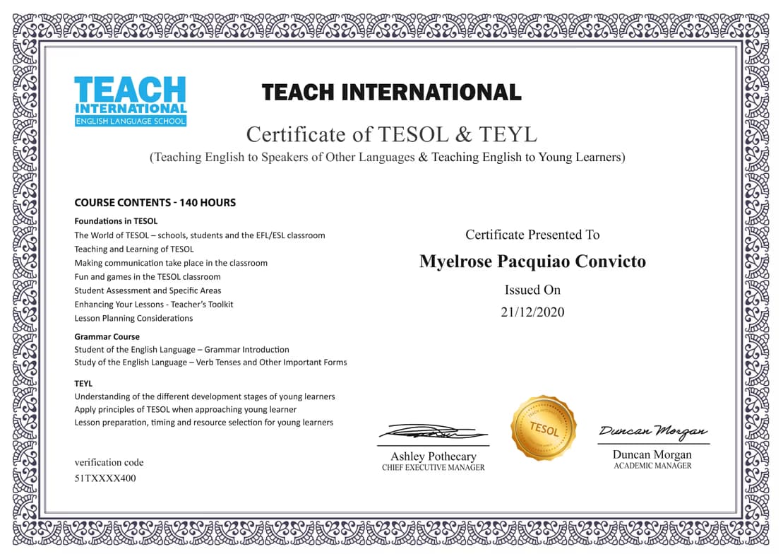 Verified degree or teaching certification of Myelrose 