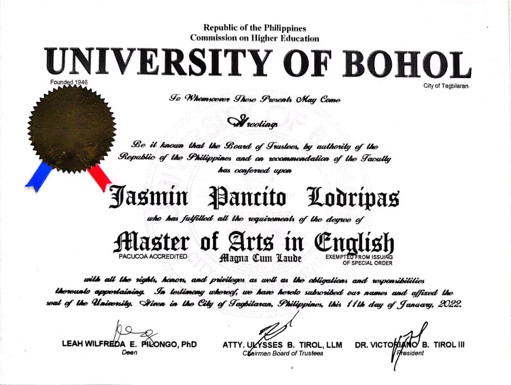 Verified degree or teaching certification of Jasmin 