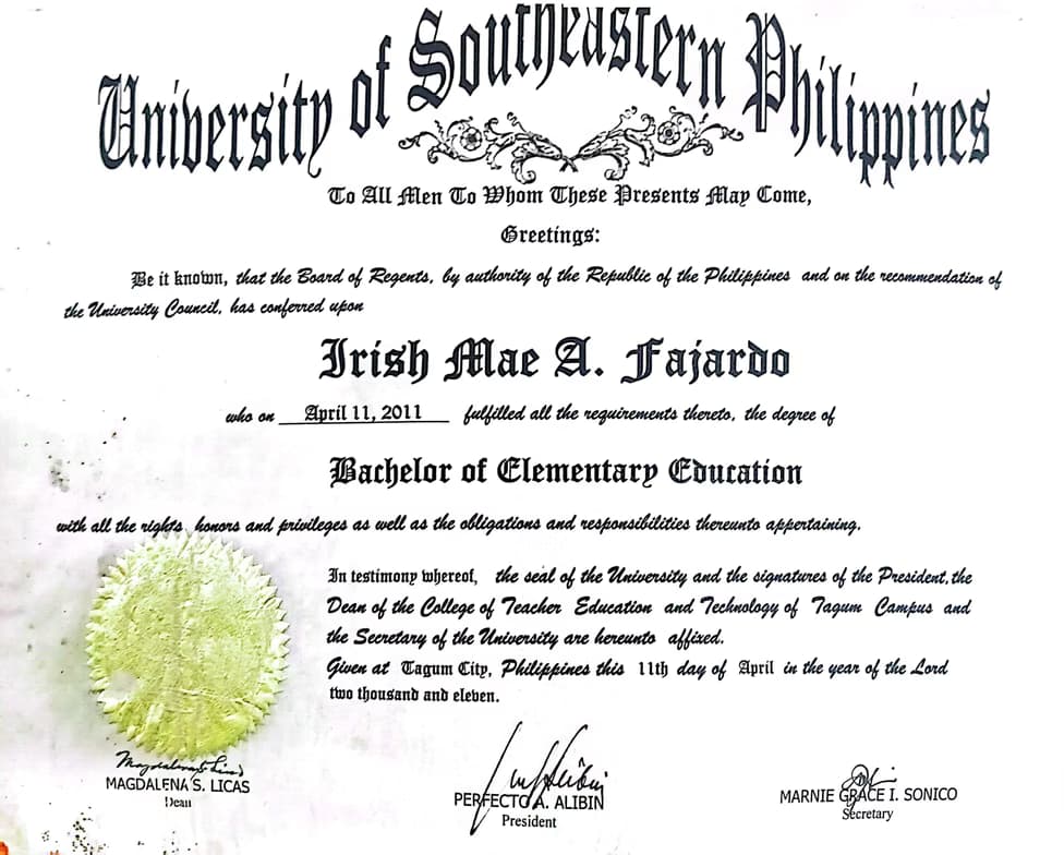 Verified degree or teaching certification of Irish Mae 