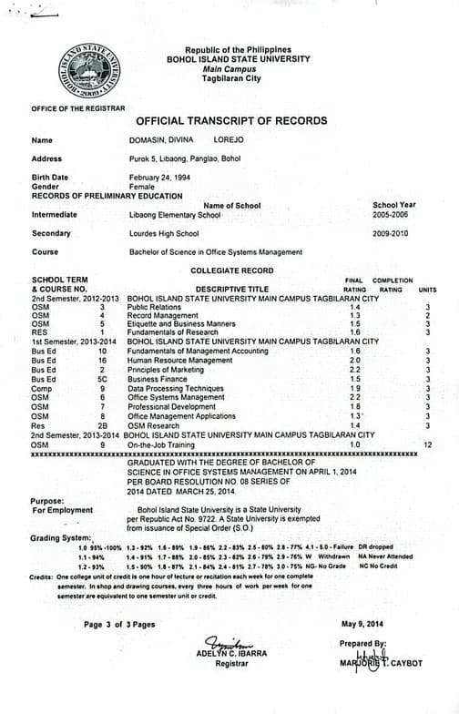 Verified degree or teaching certification of Divina 