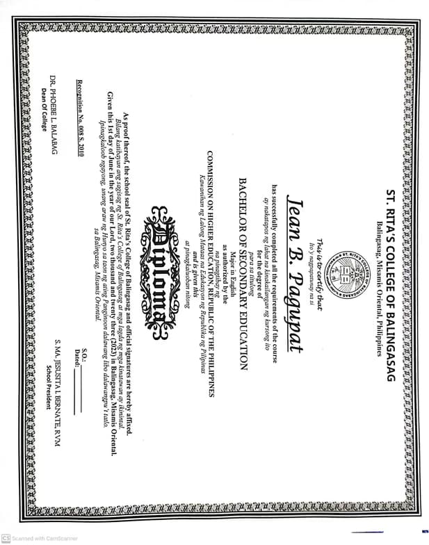 Verified degree or teaching certification of Jean 