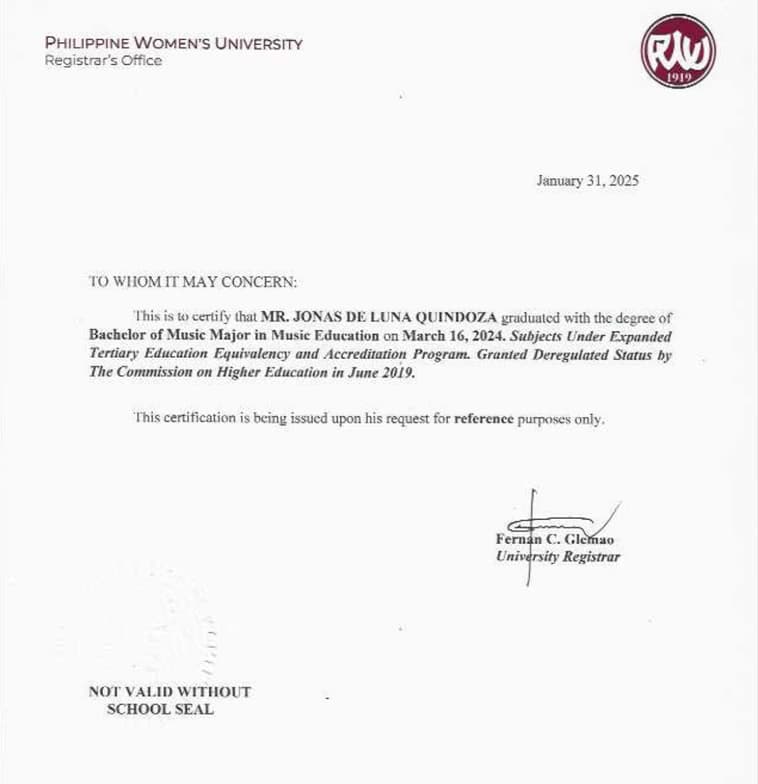 Verified degree or teaching certification of Jonas