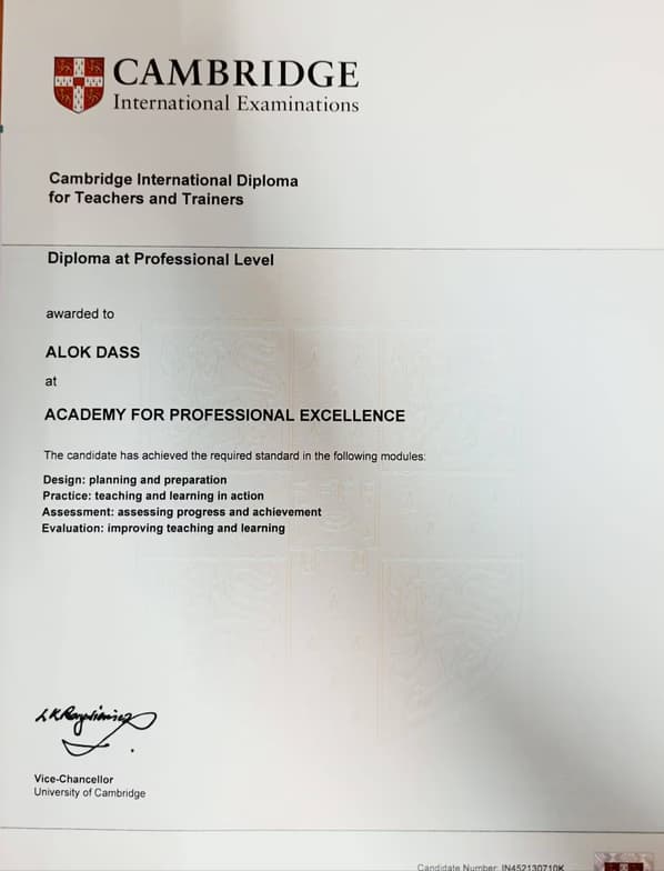 Verified degree or teaching certification of Alok 