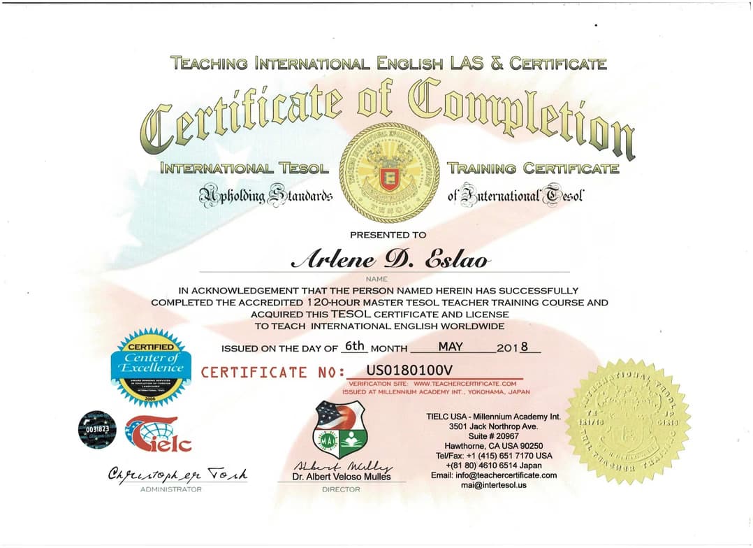 Verified degree or teaching certification of Arlene 