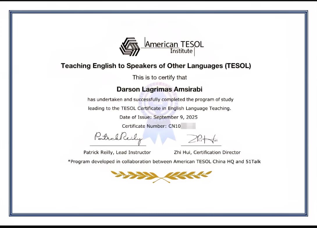 Verified degree or teaching certification of Darson 