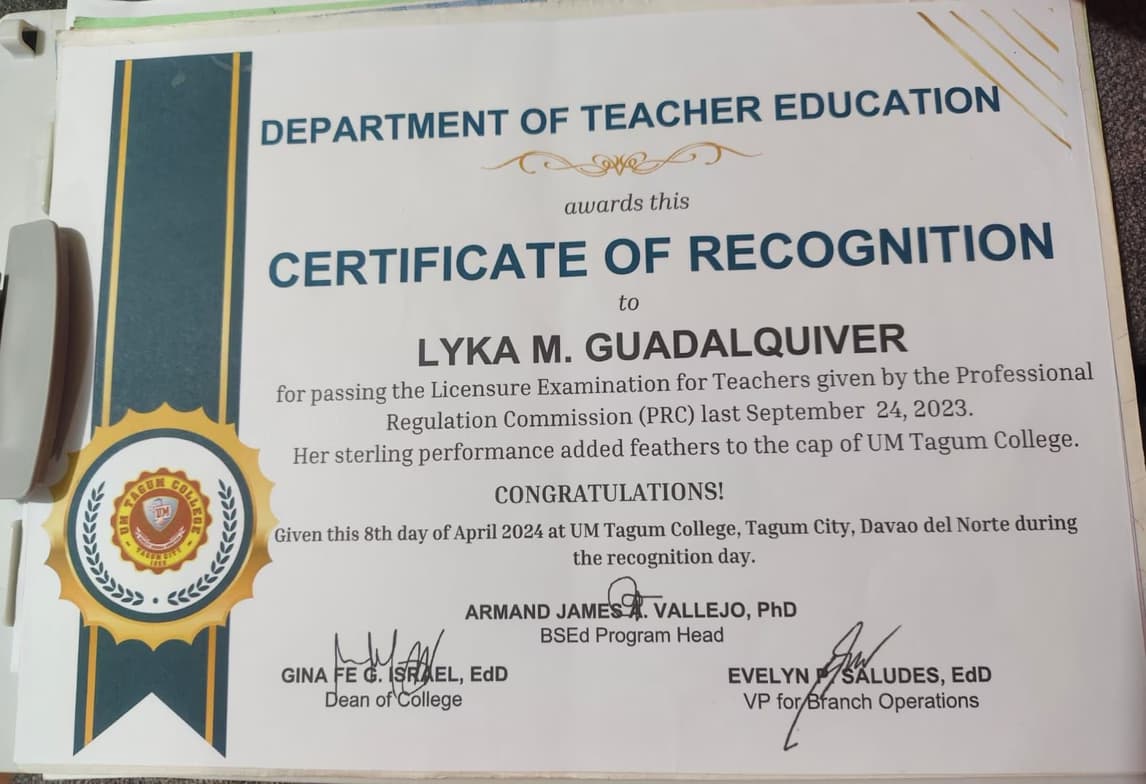 Verified degree or teaching certification of Lyka 