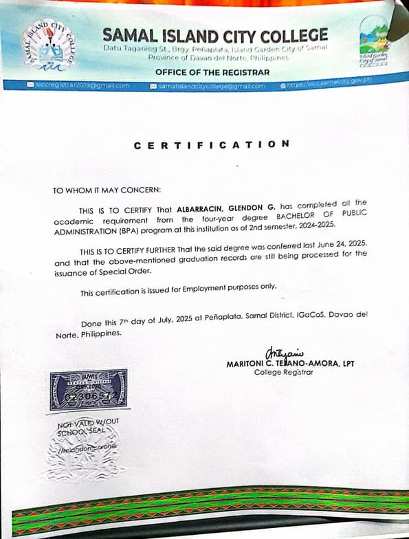 Verified degree or teaching certification of Glendon 