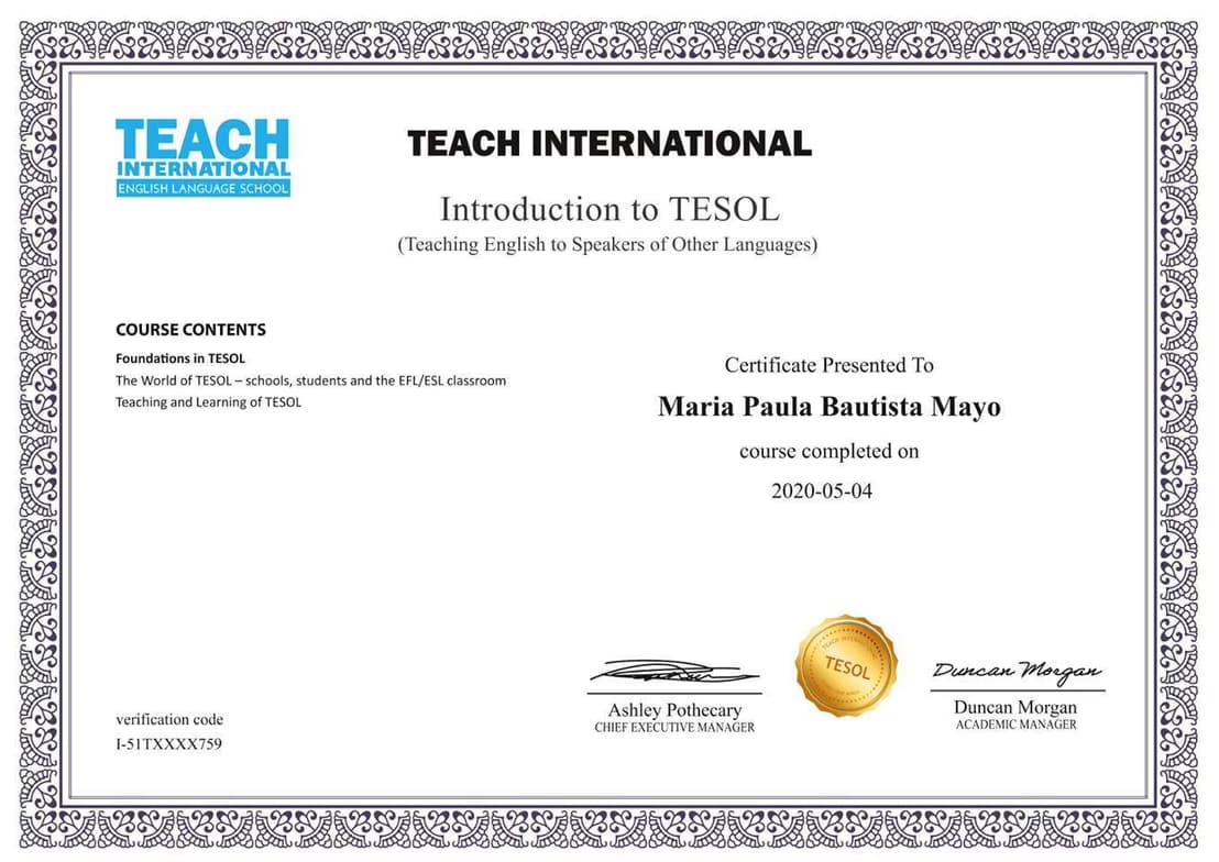 Verified degree or teaching certification of Maria Paula 