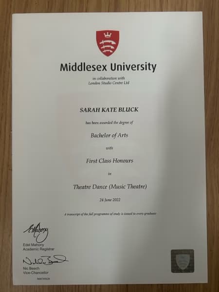 Verified degree or teaching certification of Sarah  