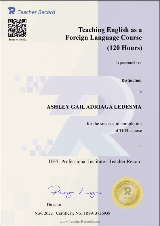 Verified degree or teaching certification of Ashley Gail 
